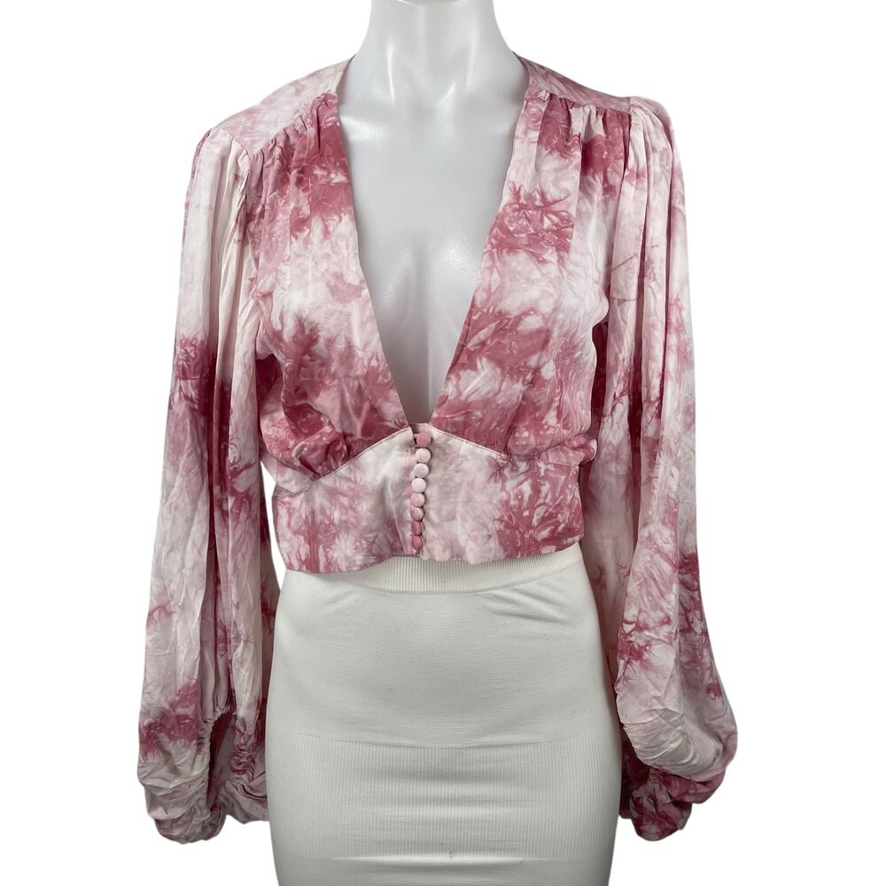 Signature8 Pink Tie Dye Deep V Neck Long Balloon Sleeve Blouse Crop Top Size M